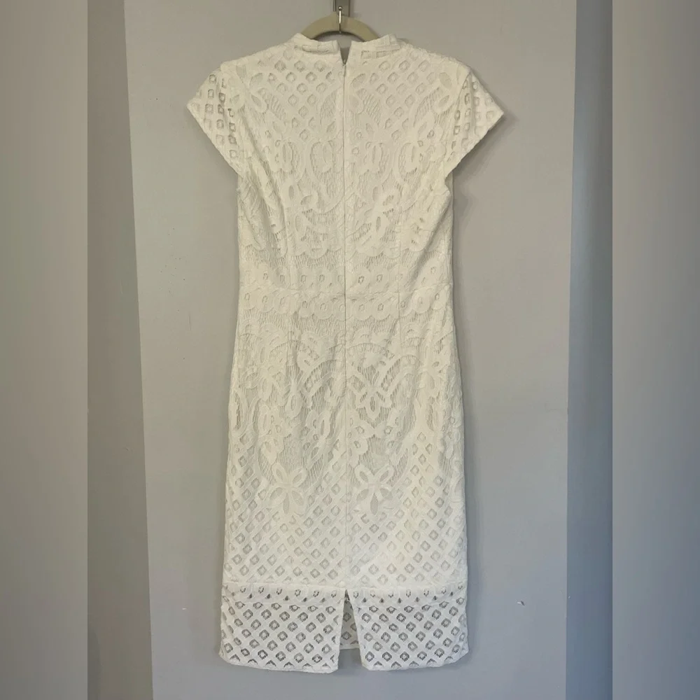 Baltic Born, Medium, funnel neck lined white lace overlay cap sleeve midi dress - Picture 5 of 10